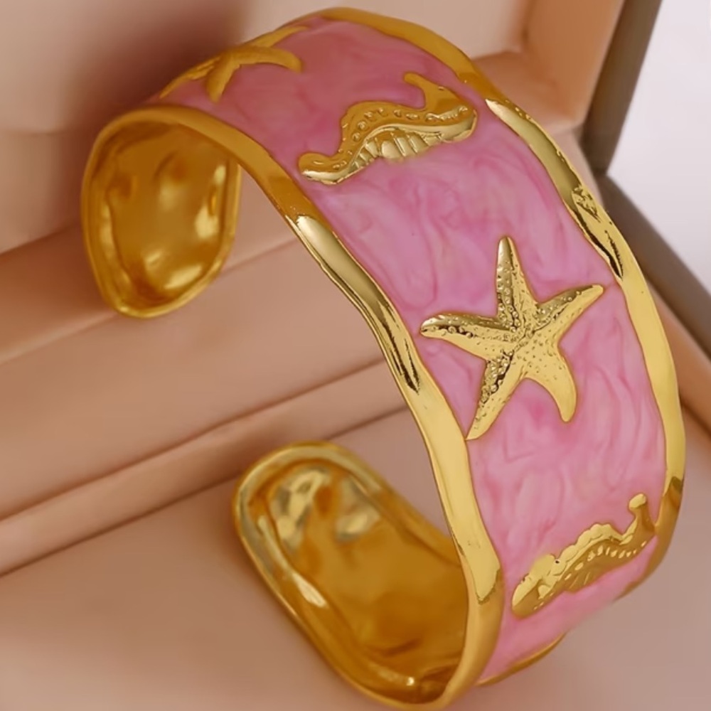 NEW Gold and Pink Starfish Beach Vacation Cuff Ring - Adjustable Size